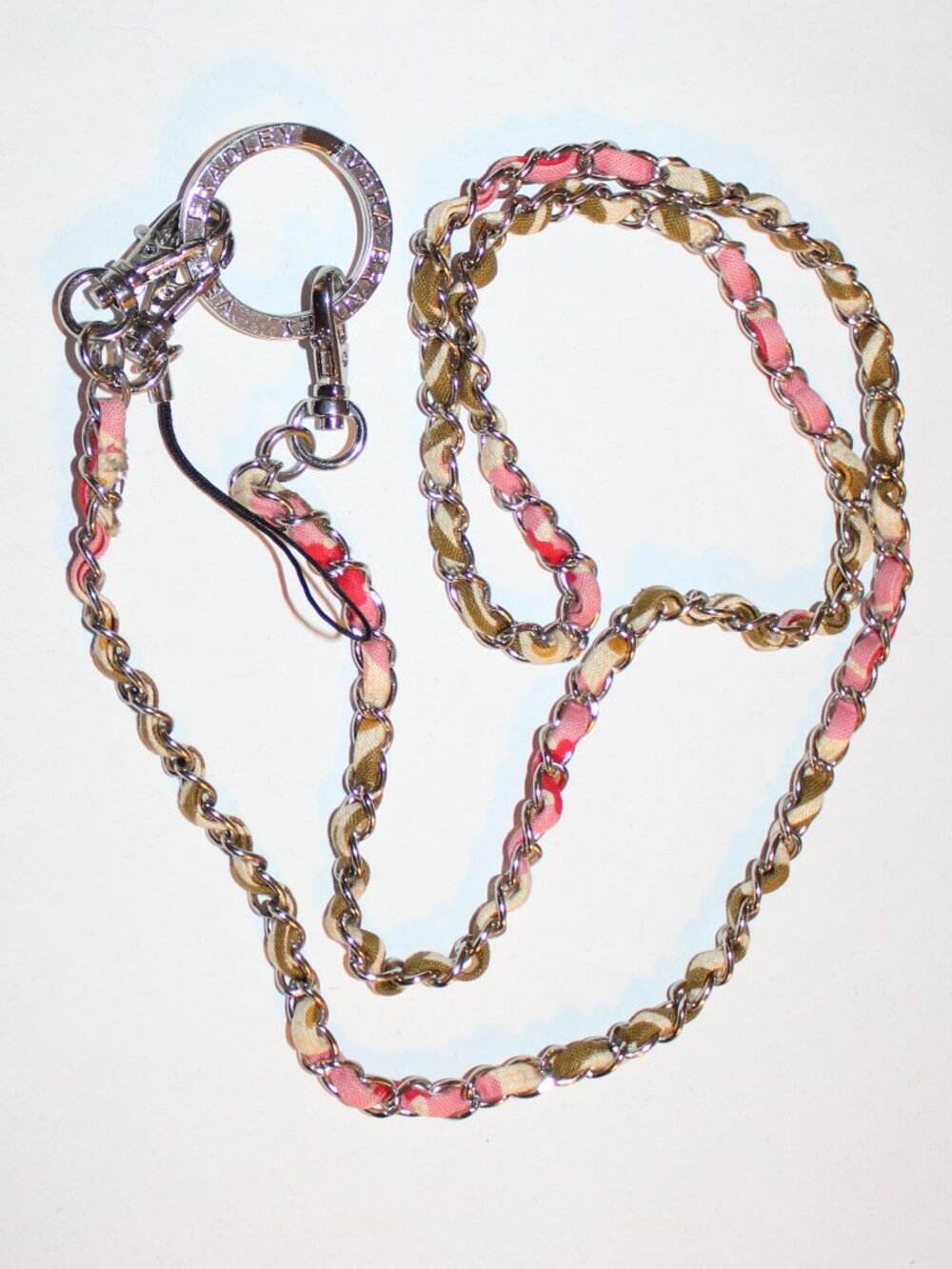 Vintage Vera Bradley Silver Chain Lanyard Keychain Twirly Birds Pink Print
